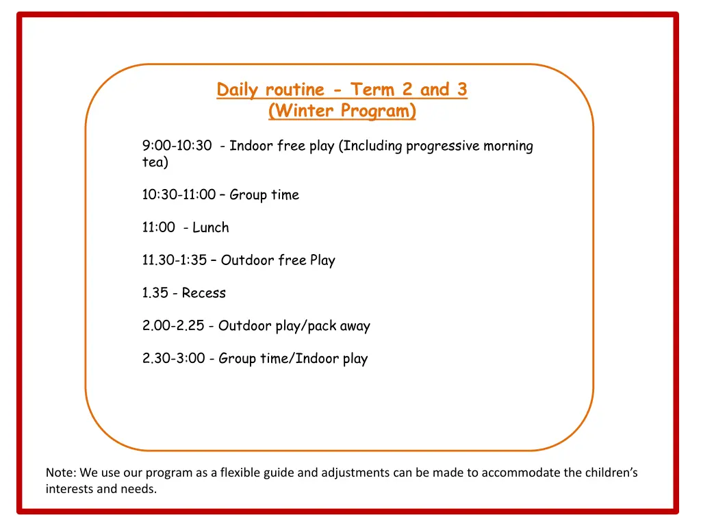 daily routine term 2 and 3 winter program