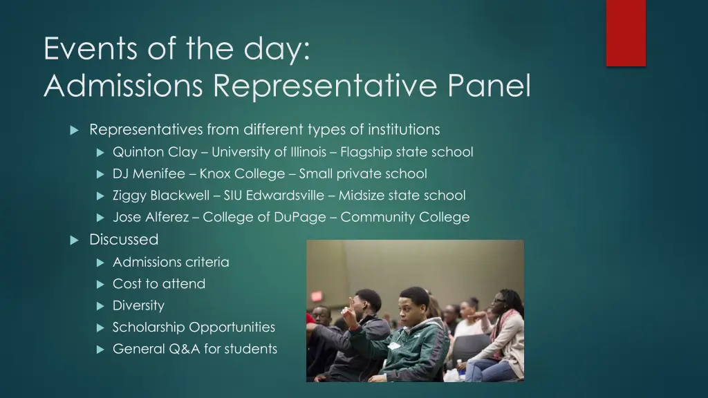 events of the day admissions representative panel