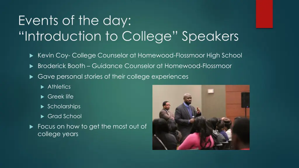 events of the day introduction to college speakers