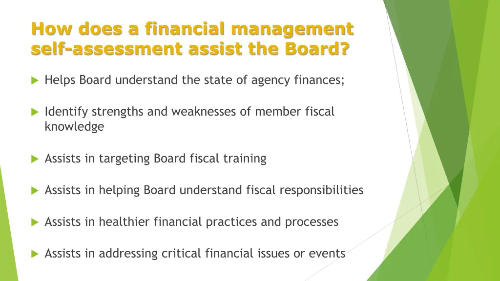 how does a financial management self assessment