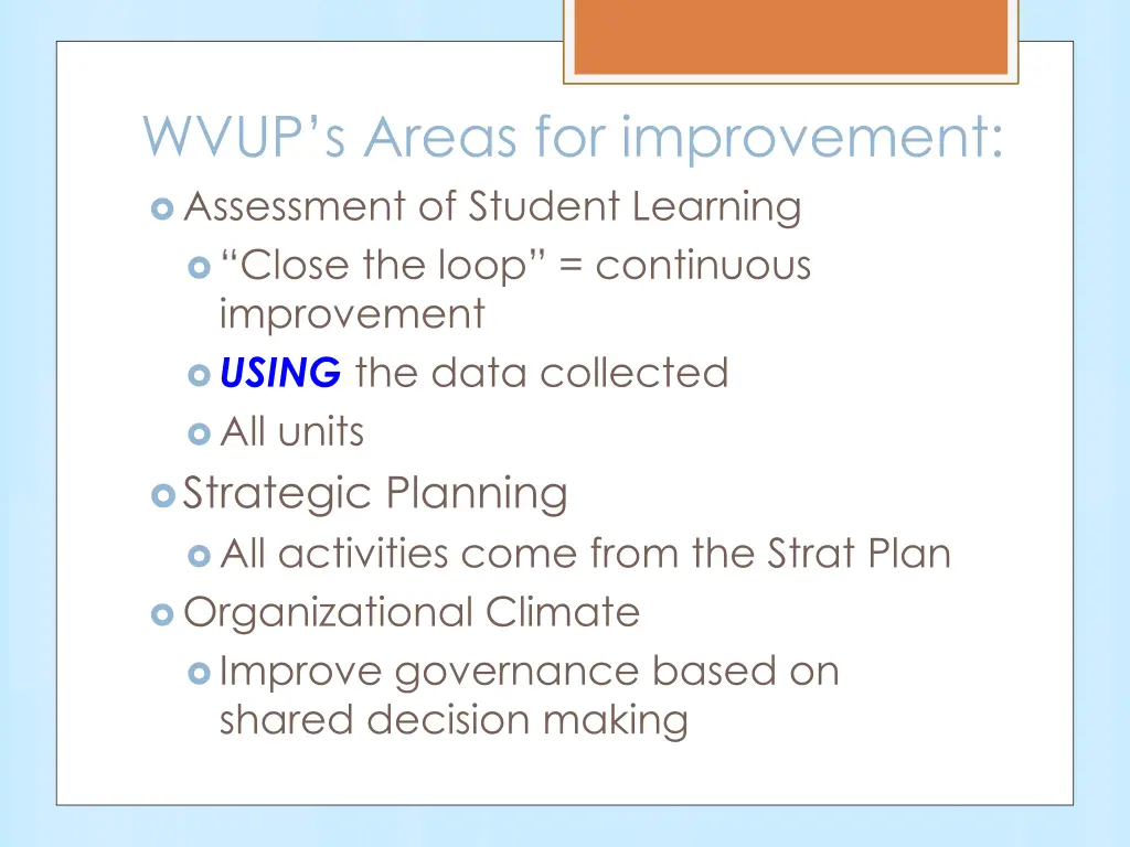 wvup s areas for improvement assessment