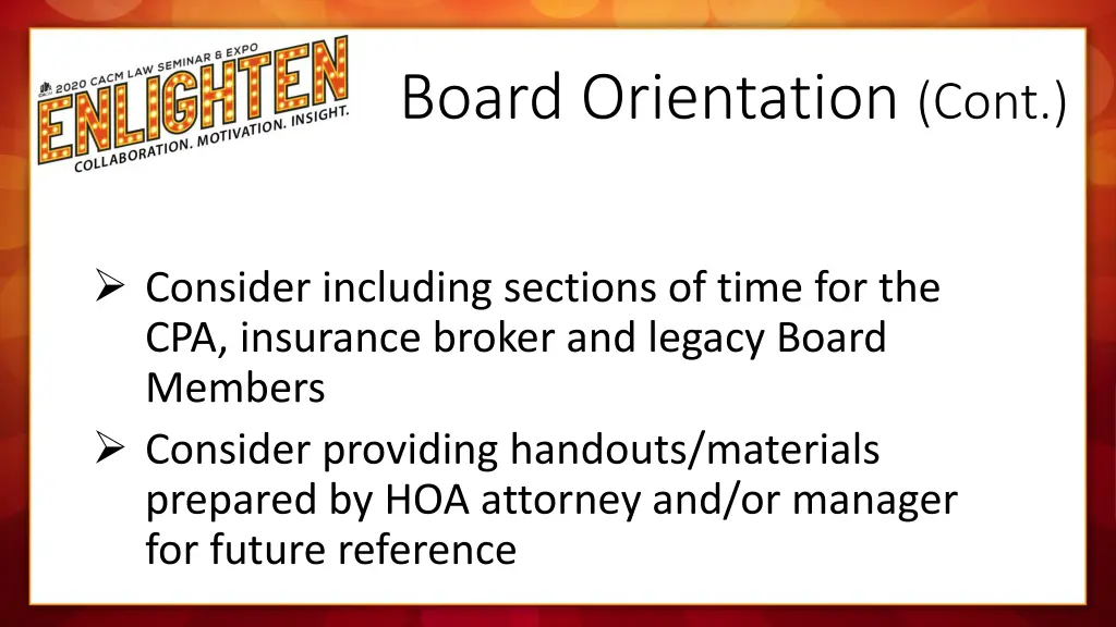 board orientation cont