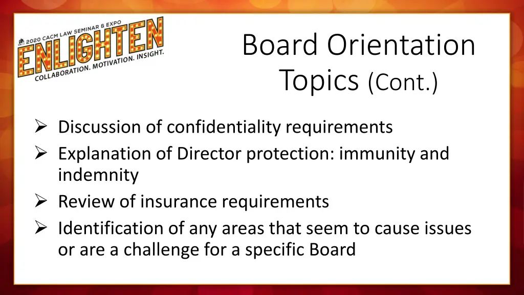 board orientation topics cont