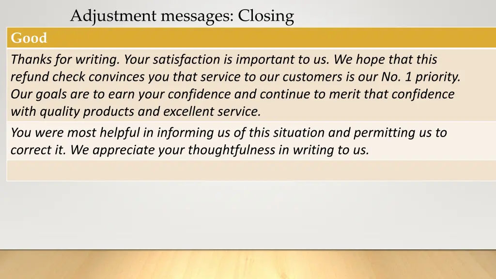 adjustment messages closing