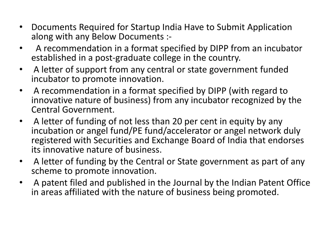 documents required for startup india have