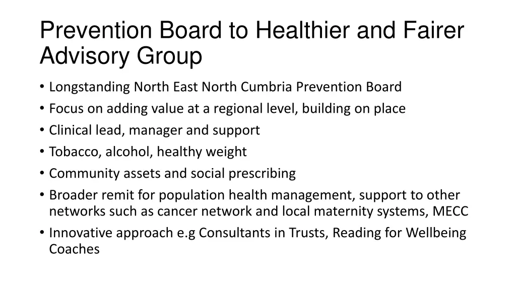 prevention board to healthier and fairer advisory