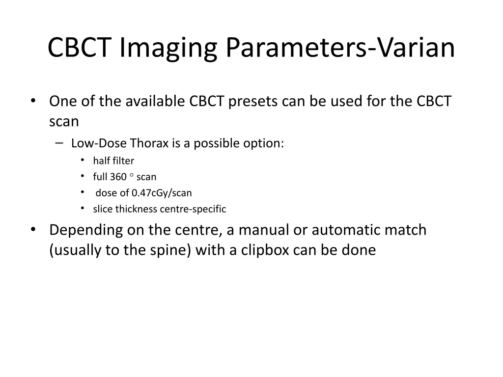 cbct imaging parameters varian 2