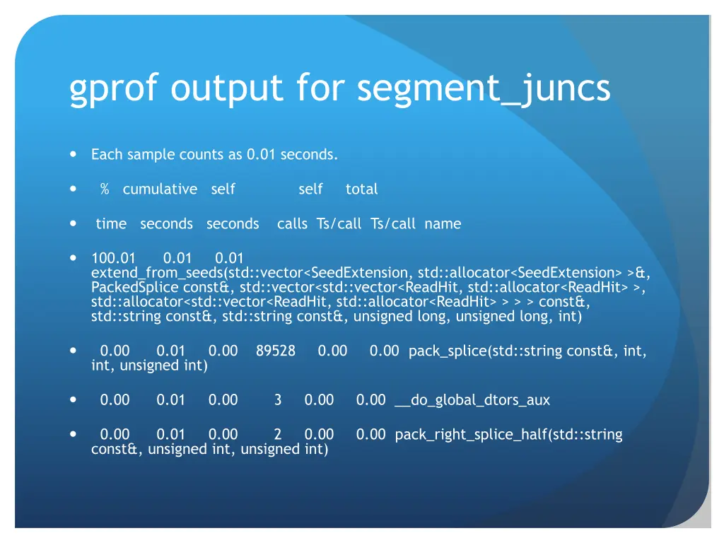 gprof output for segment juncs