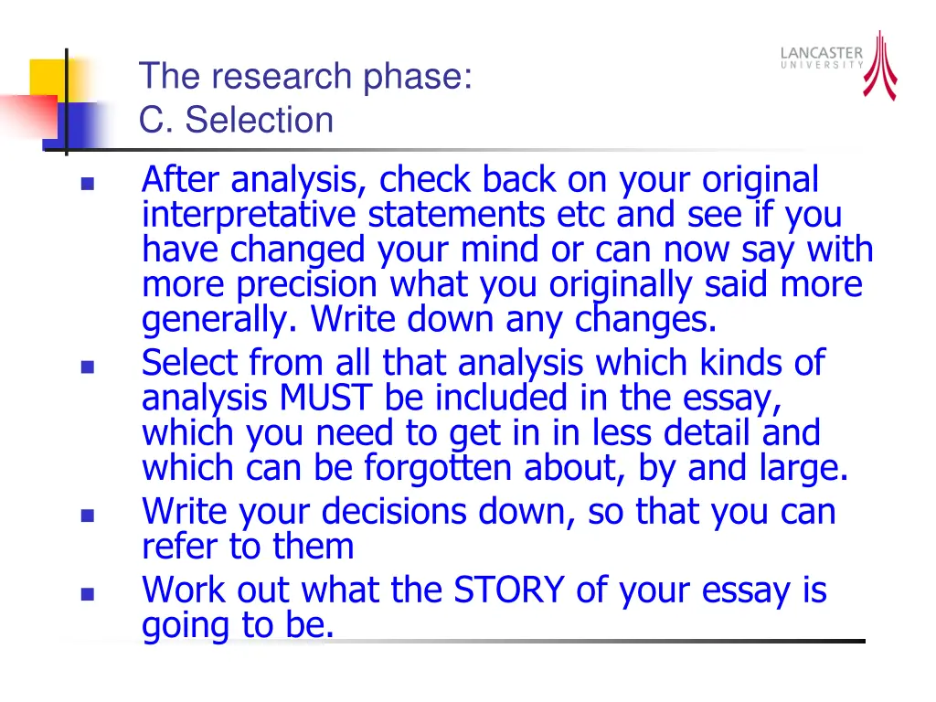 the research phase c selection after analysis