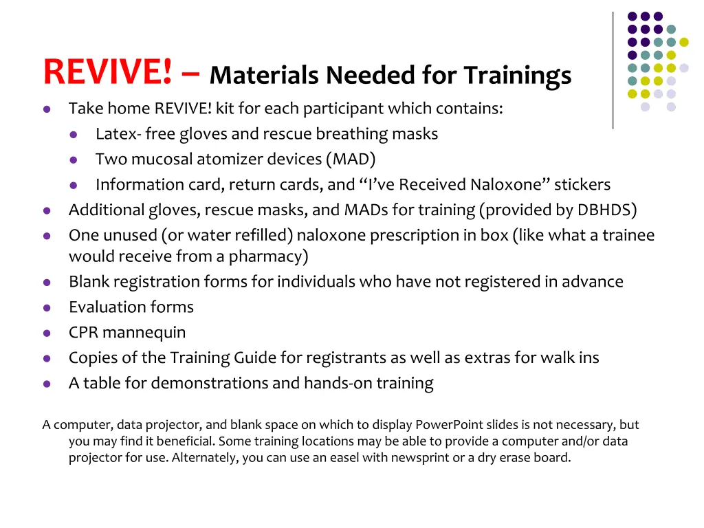 revive materials needed for trainings take home