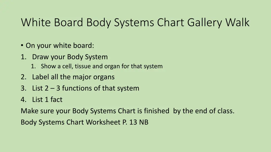 white board body systems chart gallery walk