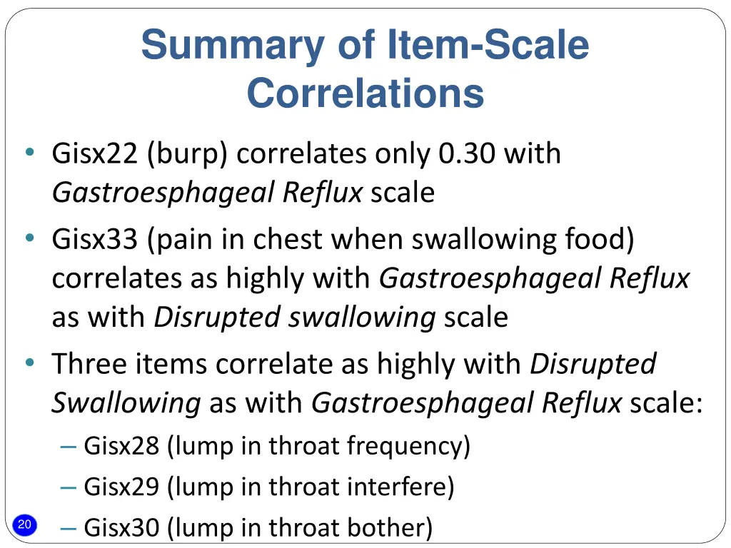 summary of item scale correlations