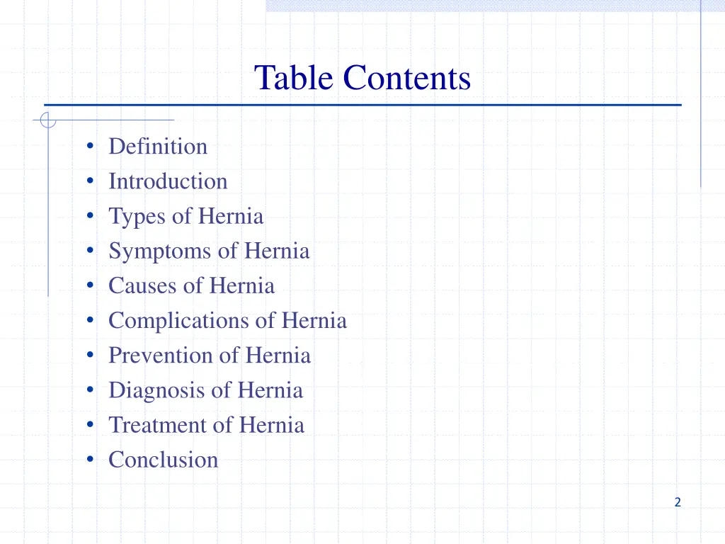 table contents