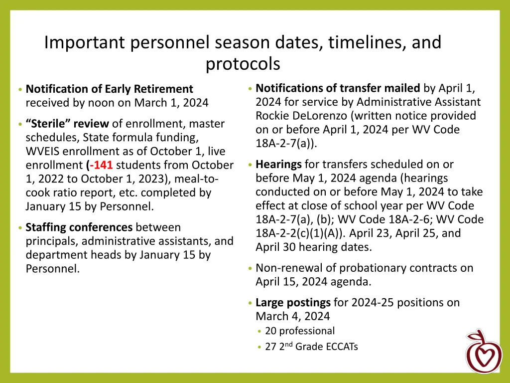 important personnel season dates timelines