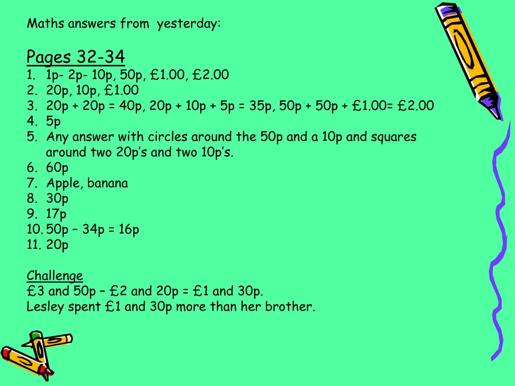 maths answers from yesterday