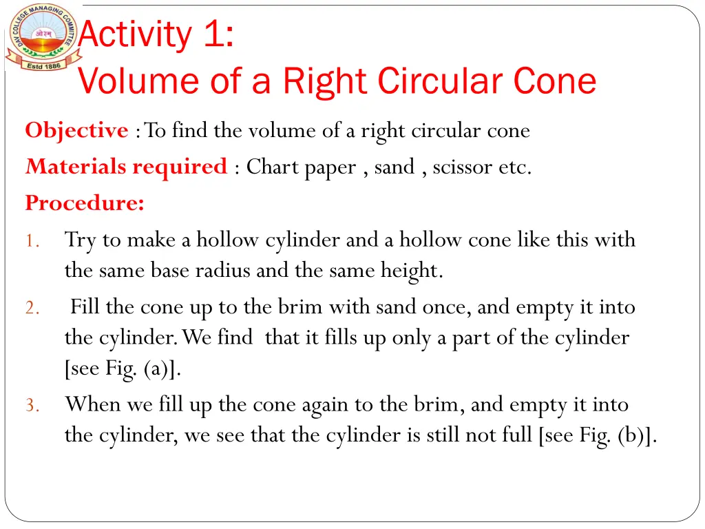 activity 1 volume of a right circular cone