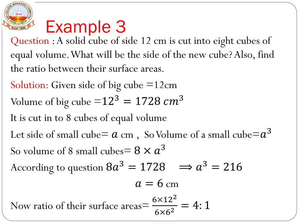 example 3 question a solid cube of side