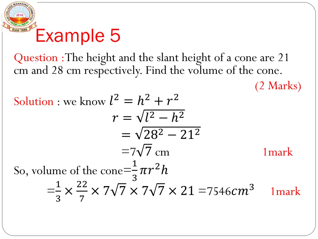 example 5 question the height and the slant