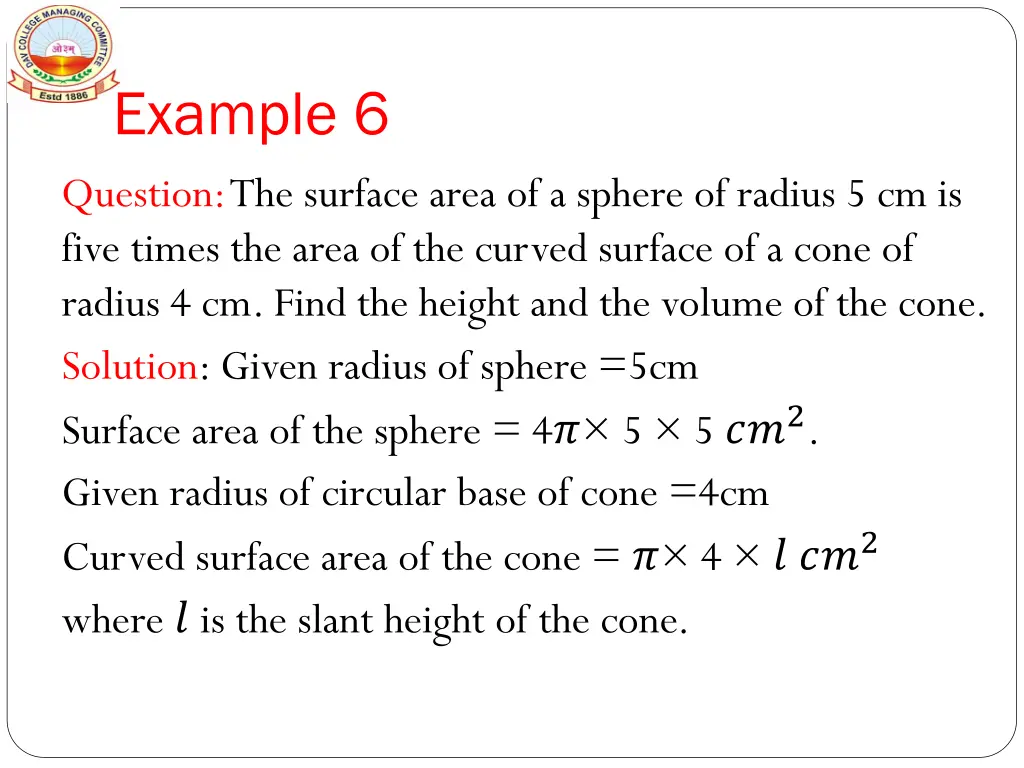 example 6 question the surface area of a sphere