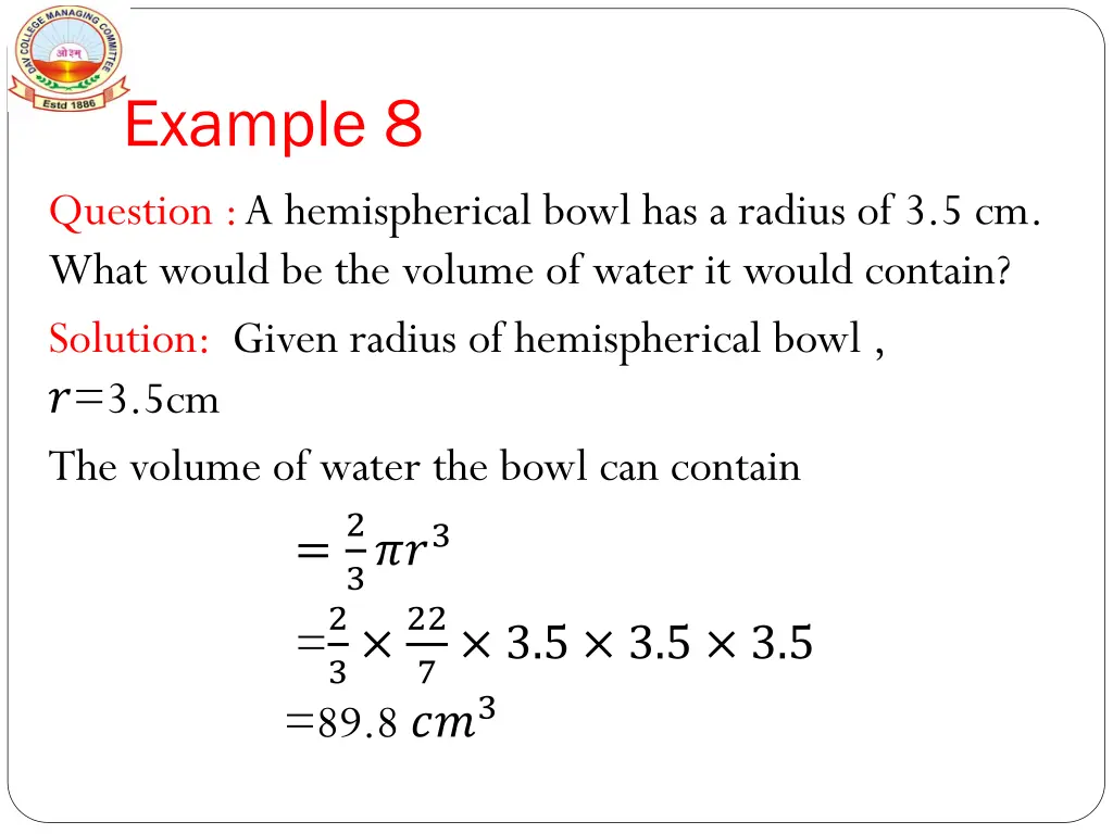 example 8 question a hemispherical bowl