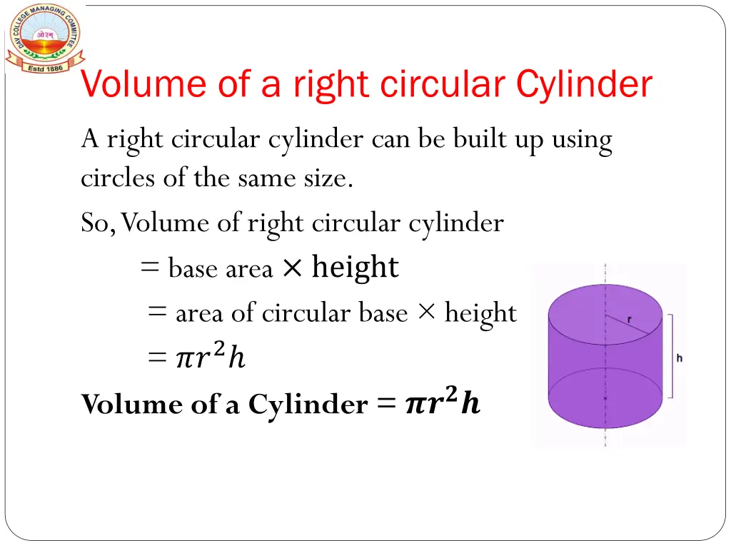 volume of a right circular cylinder a right