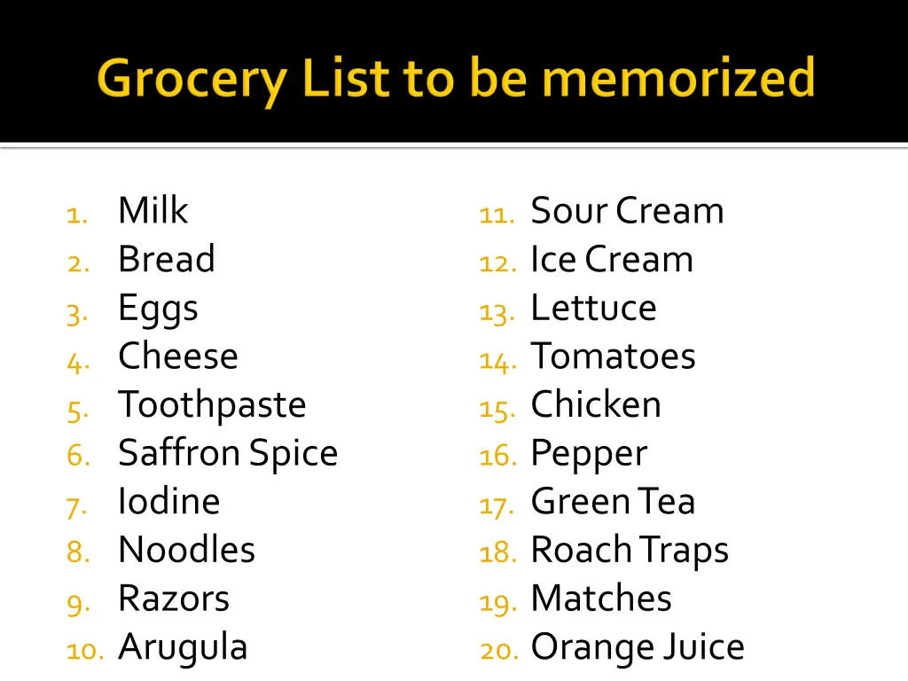 1 milk 2 bread 3 eggs 4 cheese 5 toothpaste