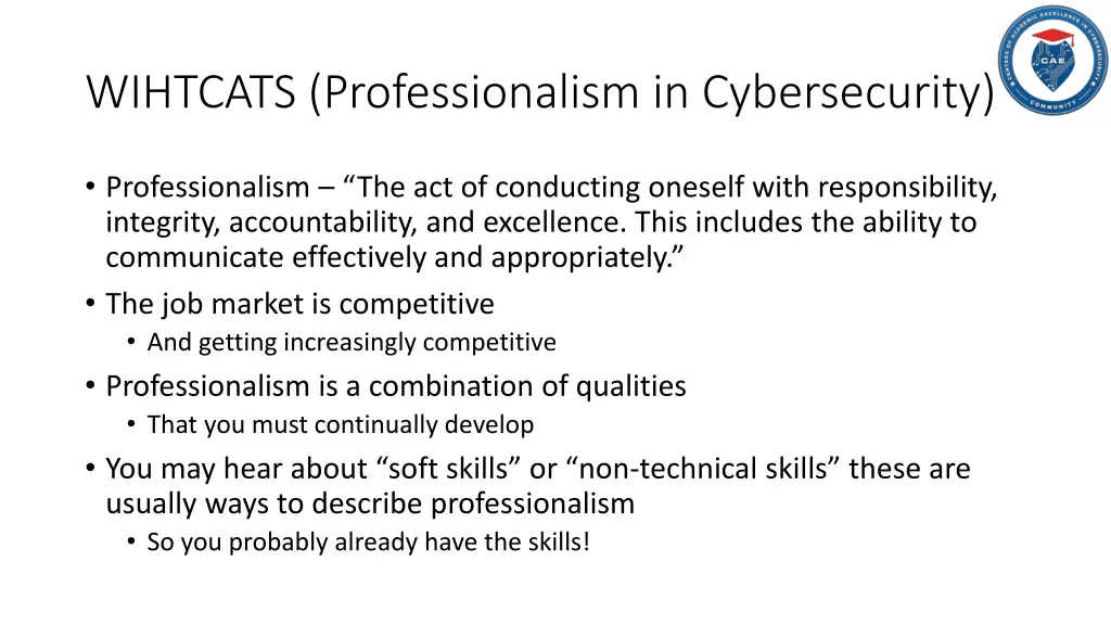 wihtcats professionalism in cybersecurity