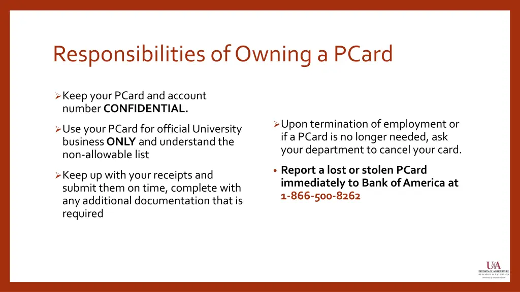 responsibilities of owning a pcard