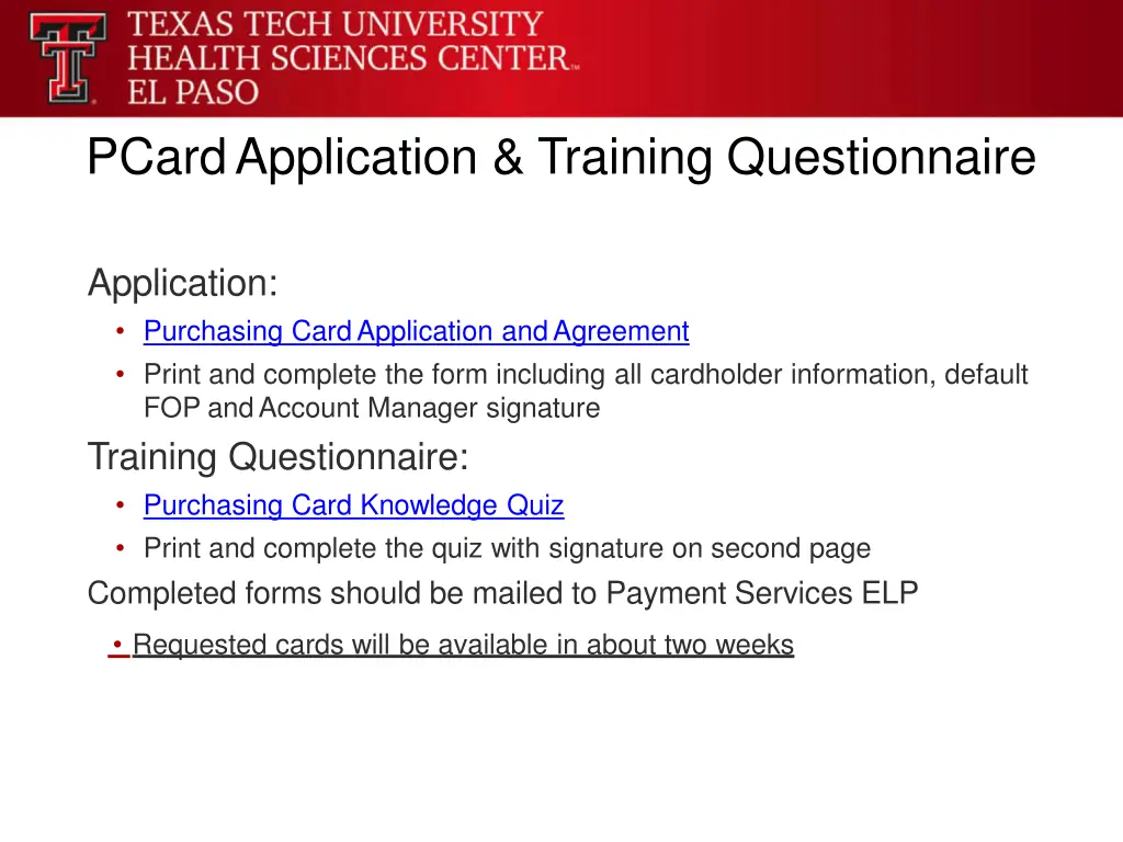 pcard application training questionnaire