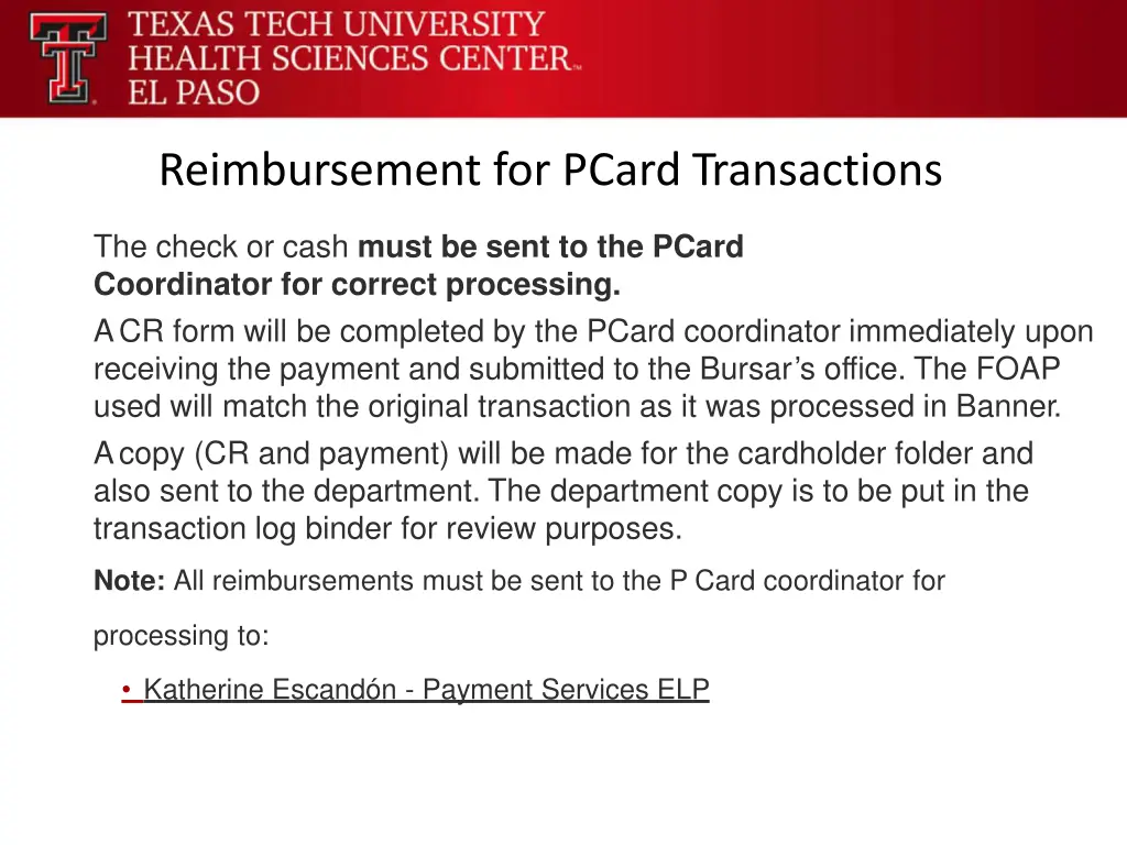 reimbursement for pcard transactions