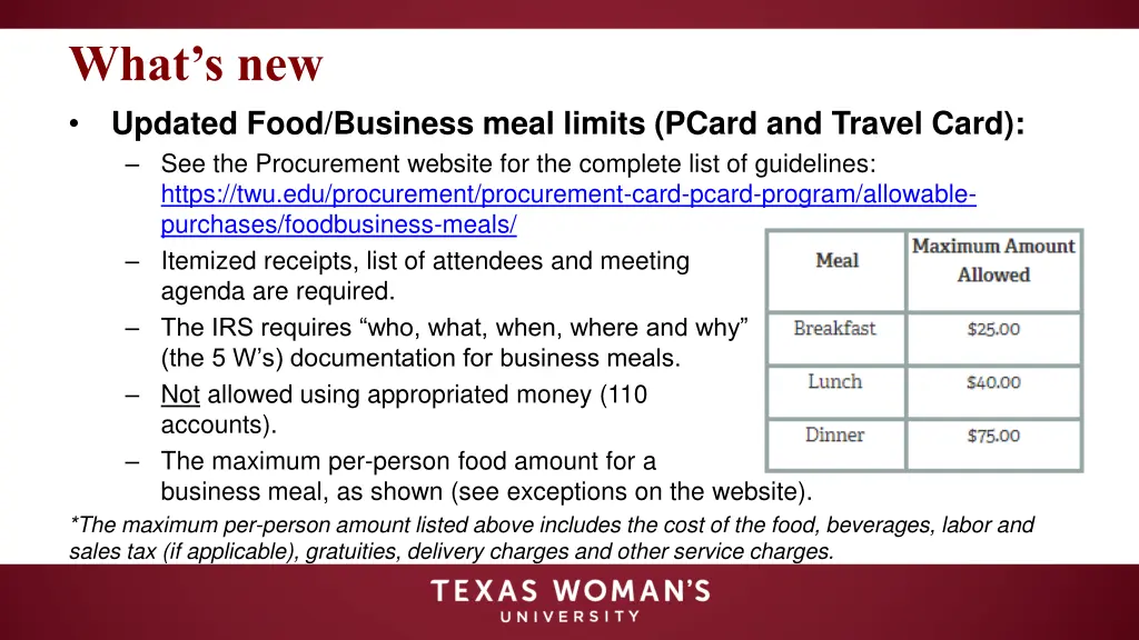 what s new updated food business meal limits