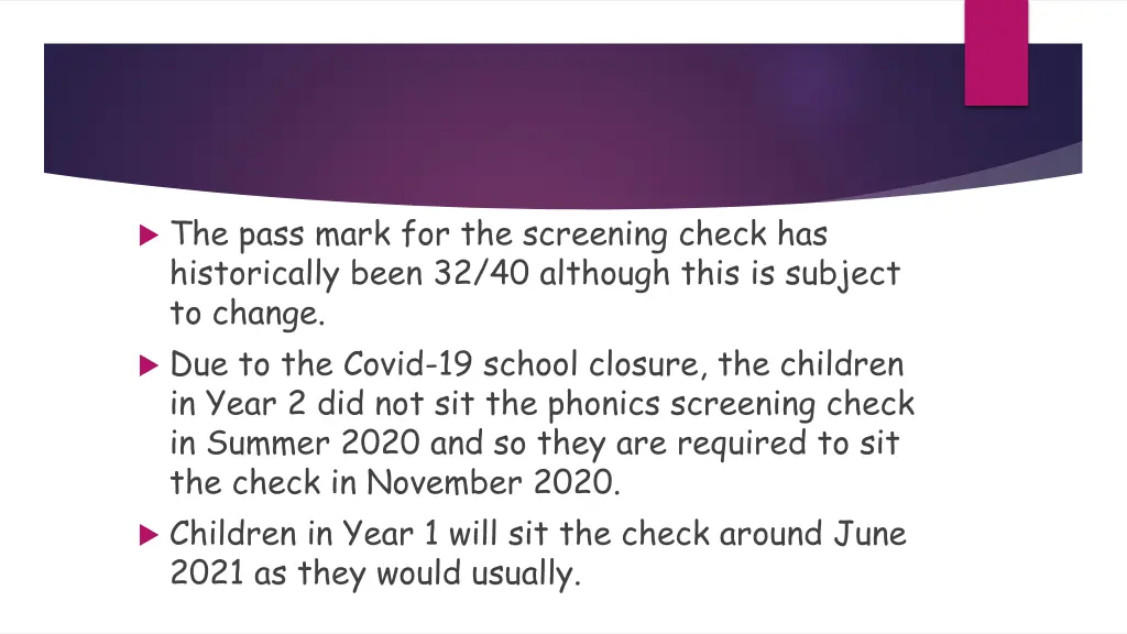 the pass mark for the screening check