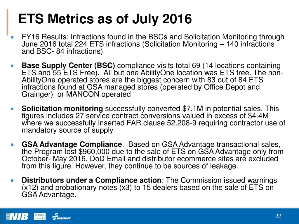 ets metrics as of july 2016