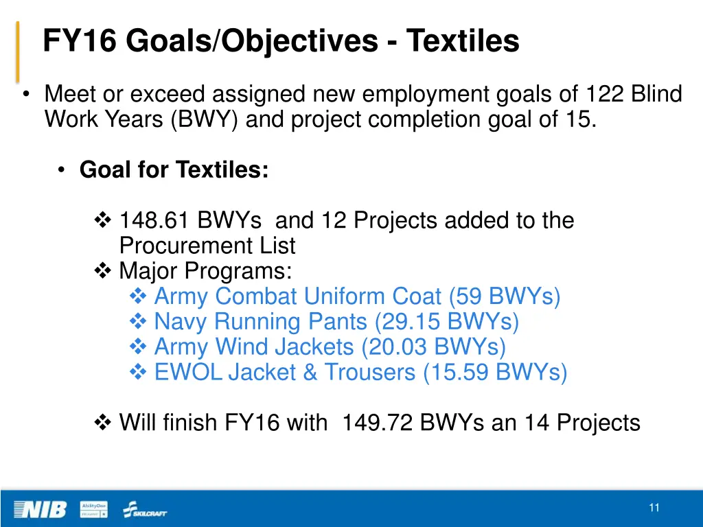 fy16 goals objectives textiles