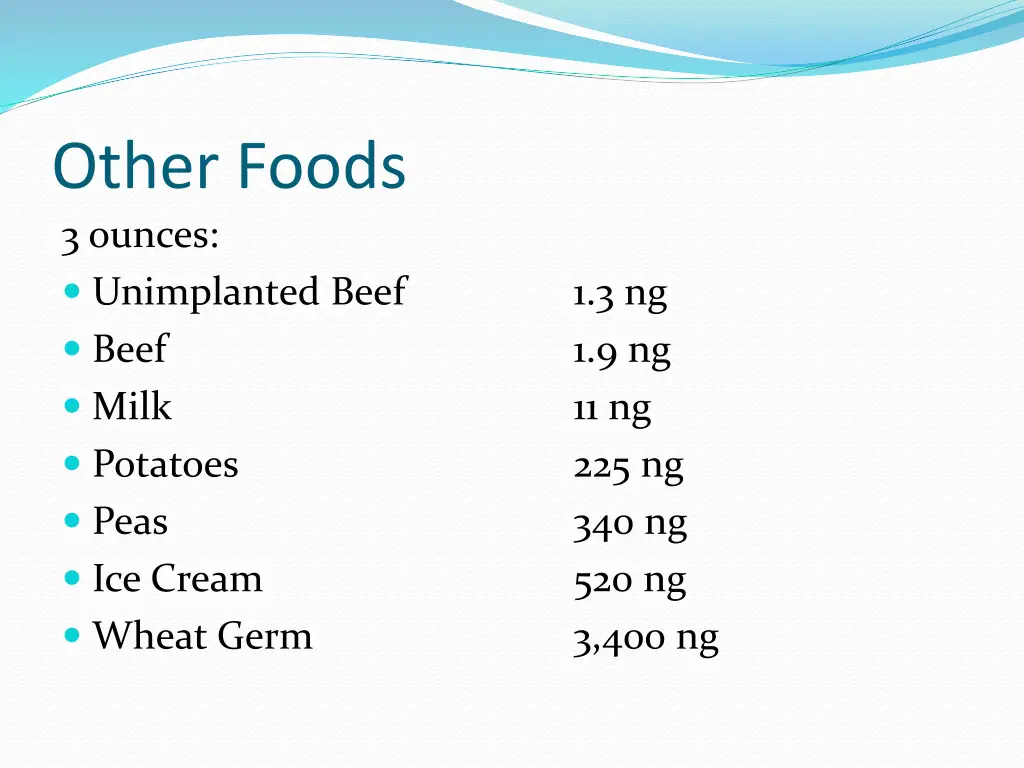 other foods 3 ounces unimplanted beef beef milk