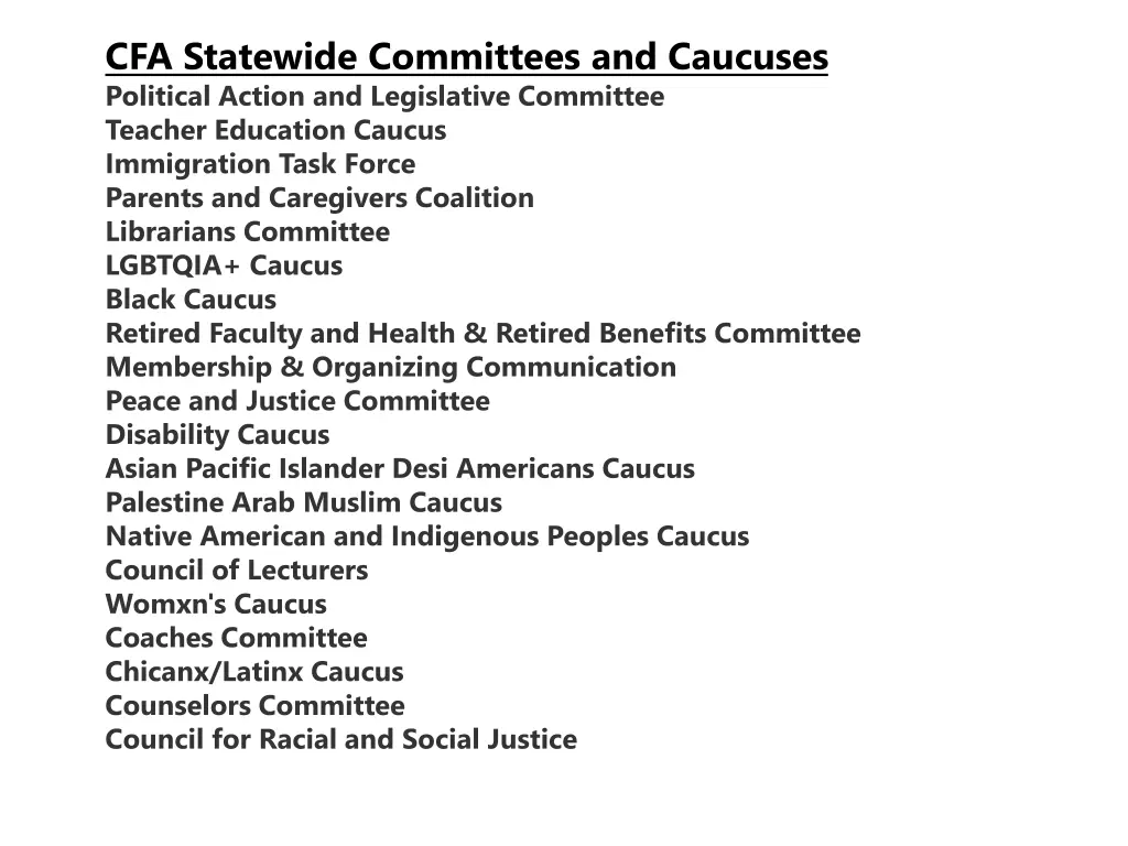 cfa statewide committees and caucuses political