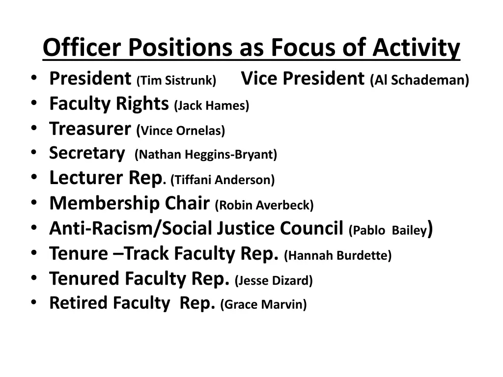 officer positions as focus of activity president