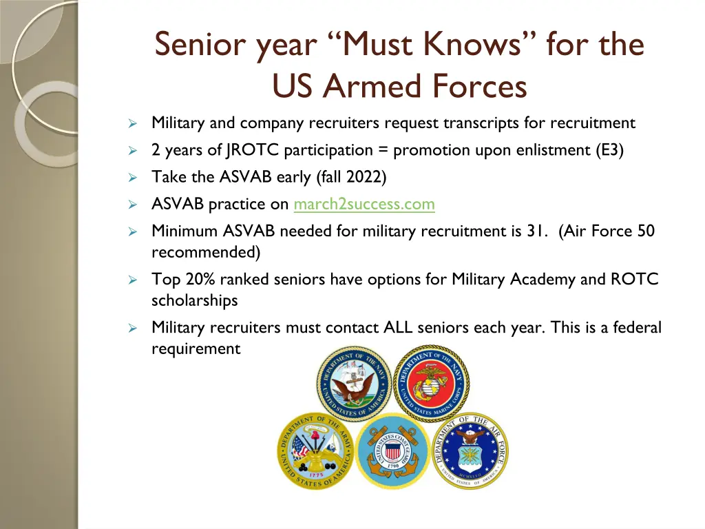 senior year must knows for the us armed forces