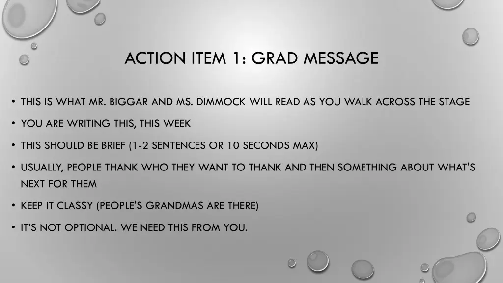 action item 1 grad message