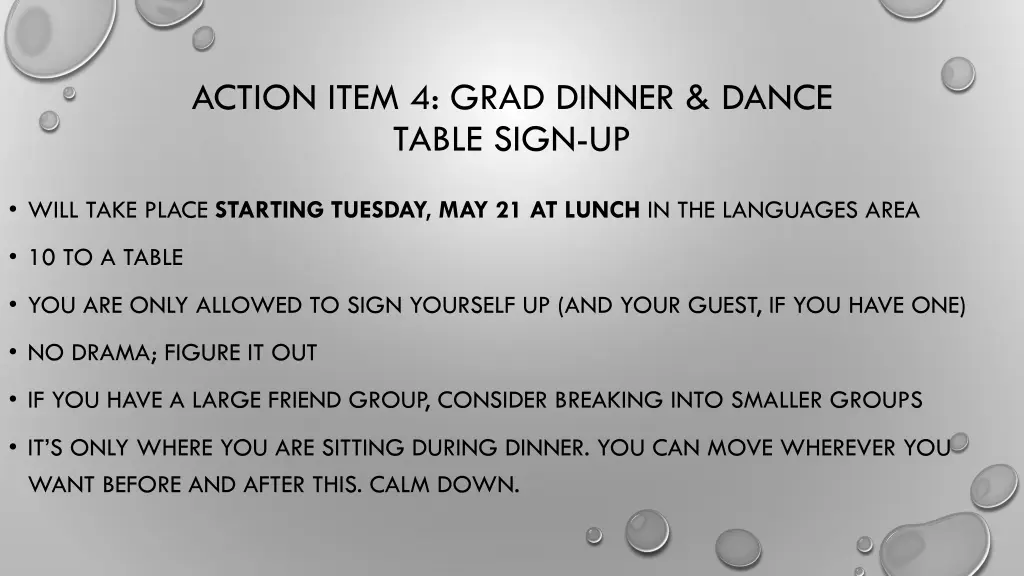 action item 4 grad dinner dance table sign up