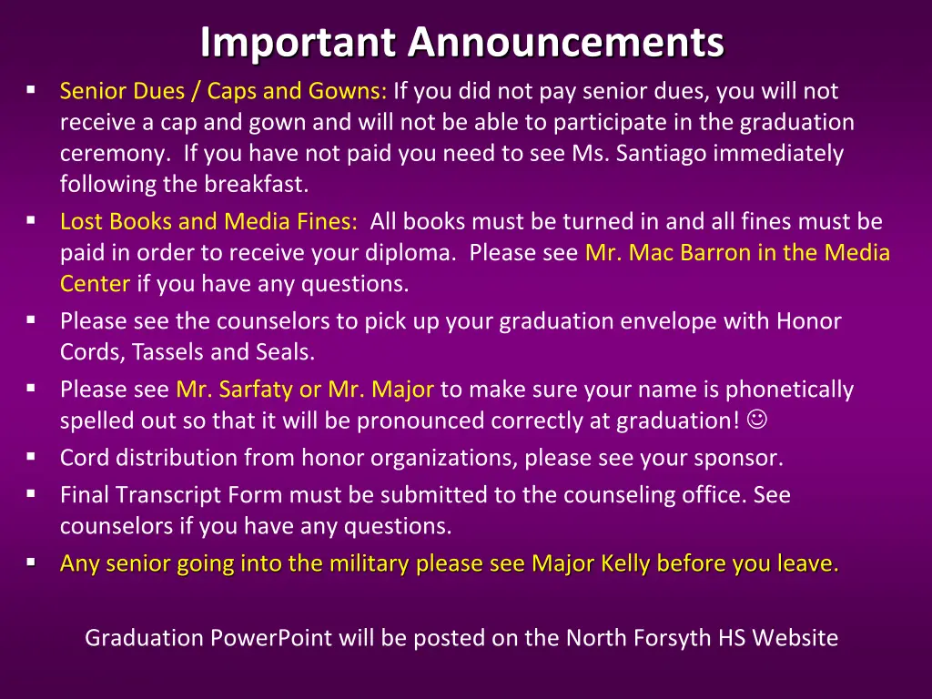 important announcements senior dues caps