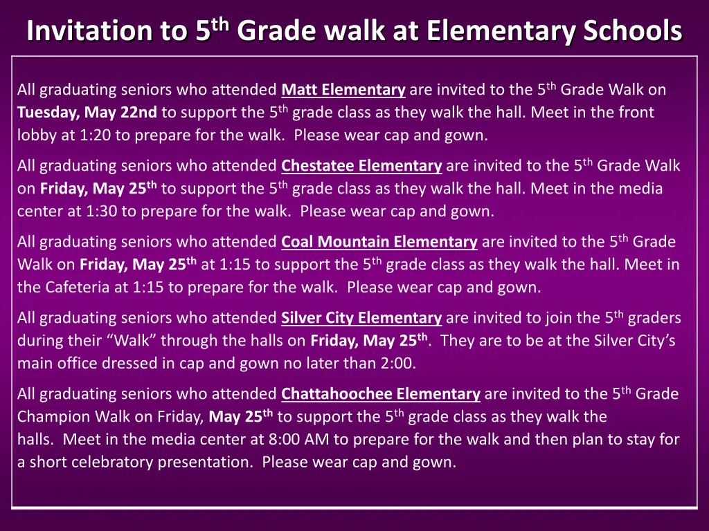 invitation to 5 th grade walk at elementary