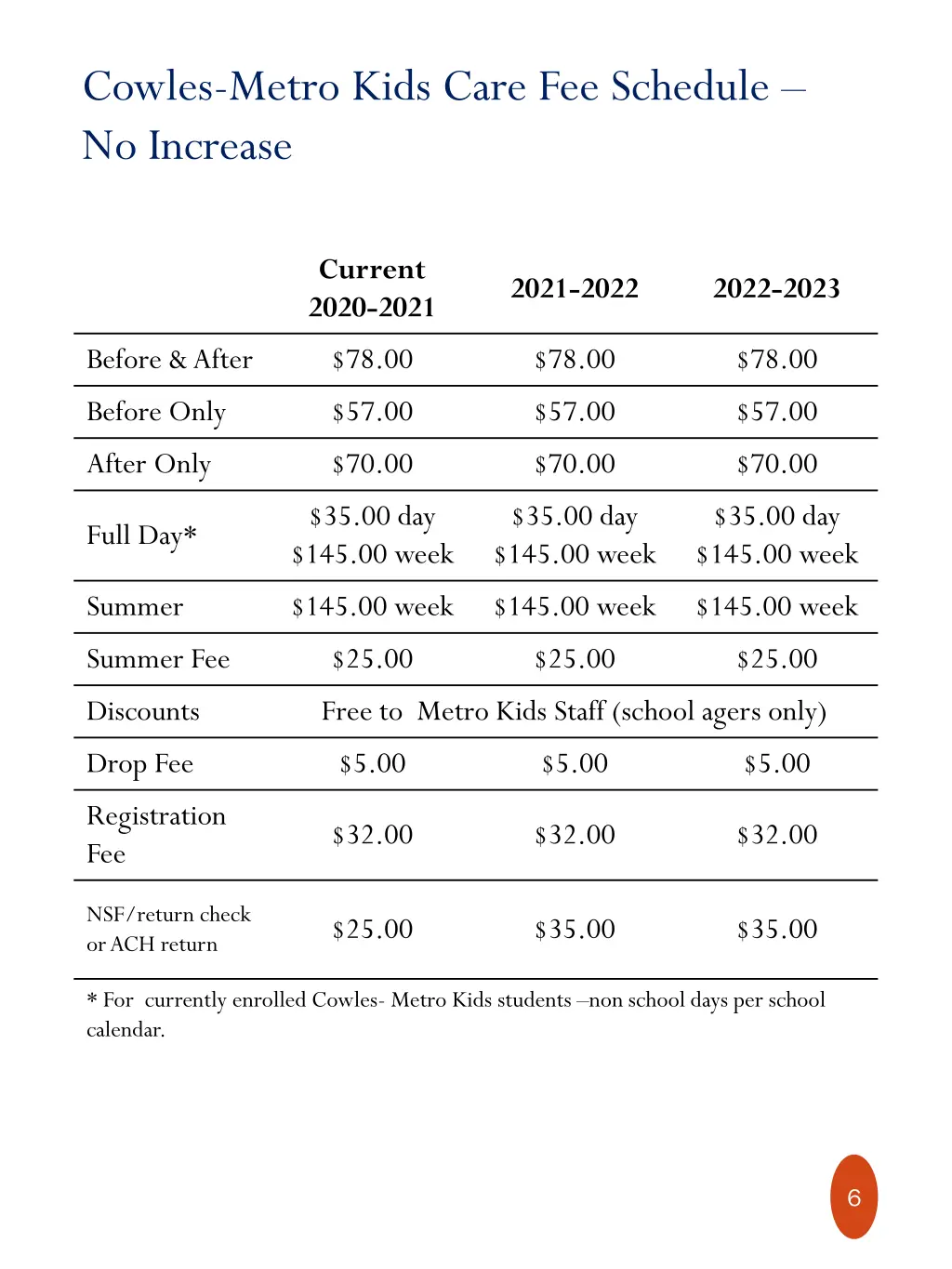 cowles metro kids care fee schedule no increase