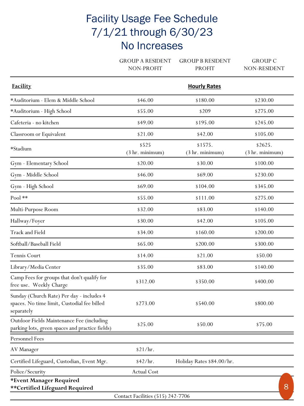 facility usage fee schedule 7 1 21 through