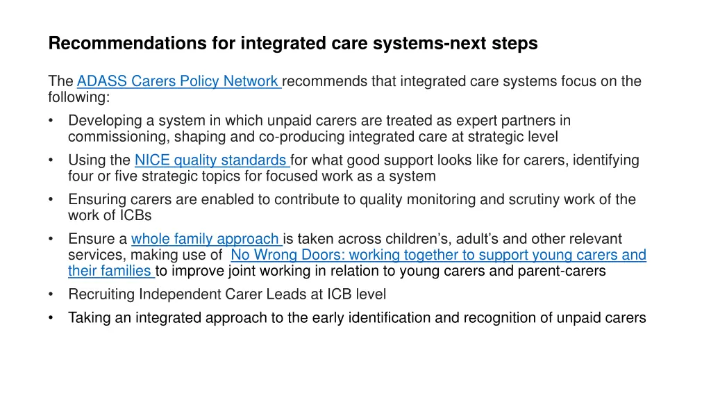 recommendations for integrated care systems next