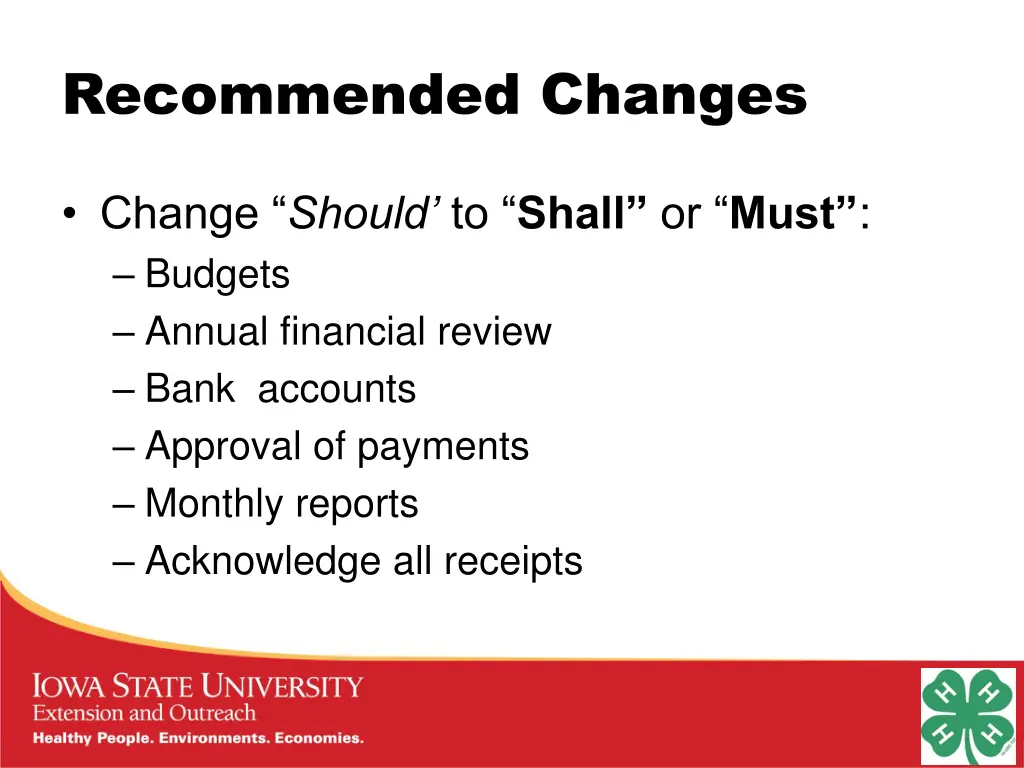 recommended changes