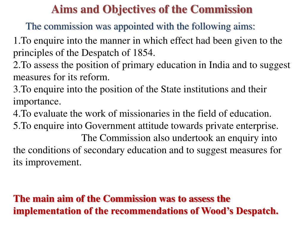 aims and objectives of the commission