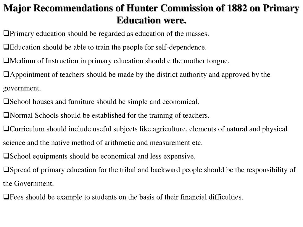 major recommendations of hunter commission