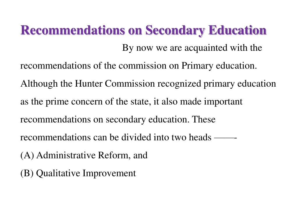 recommendations on secondary education