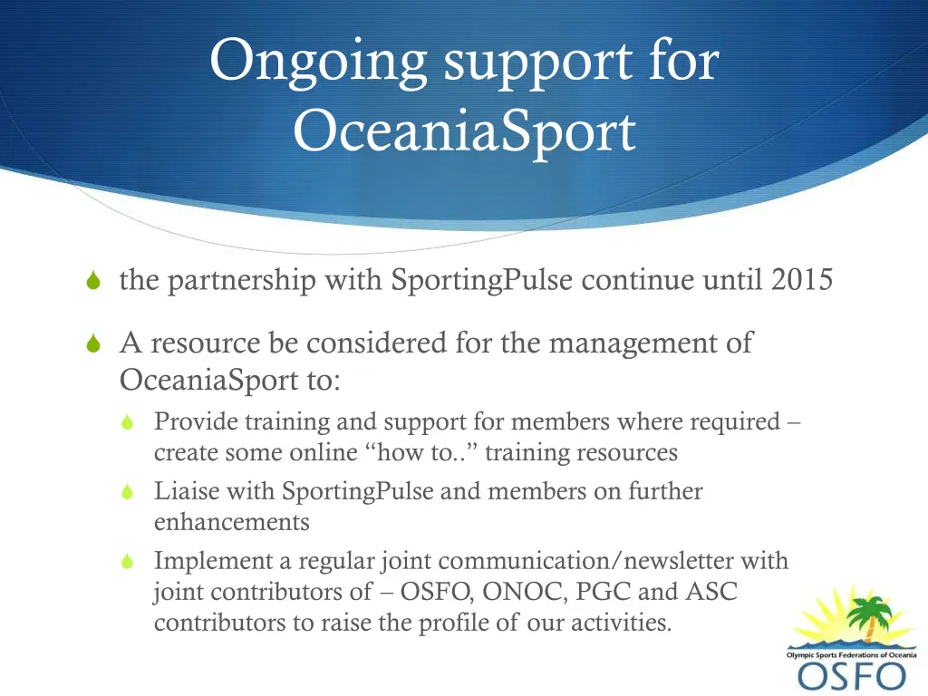 ongoing support for oceaniasport